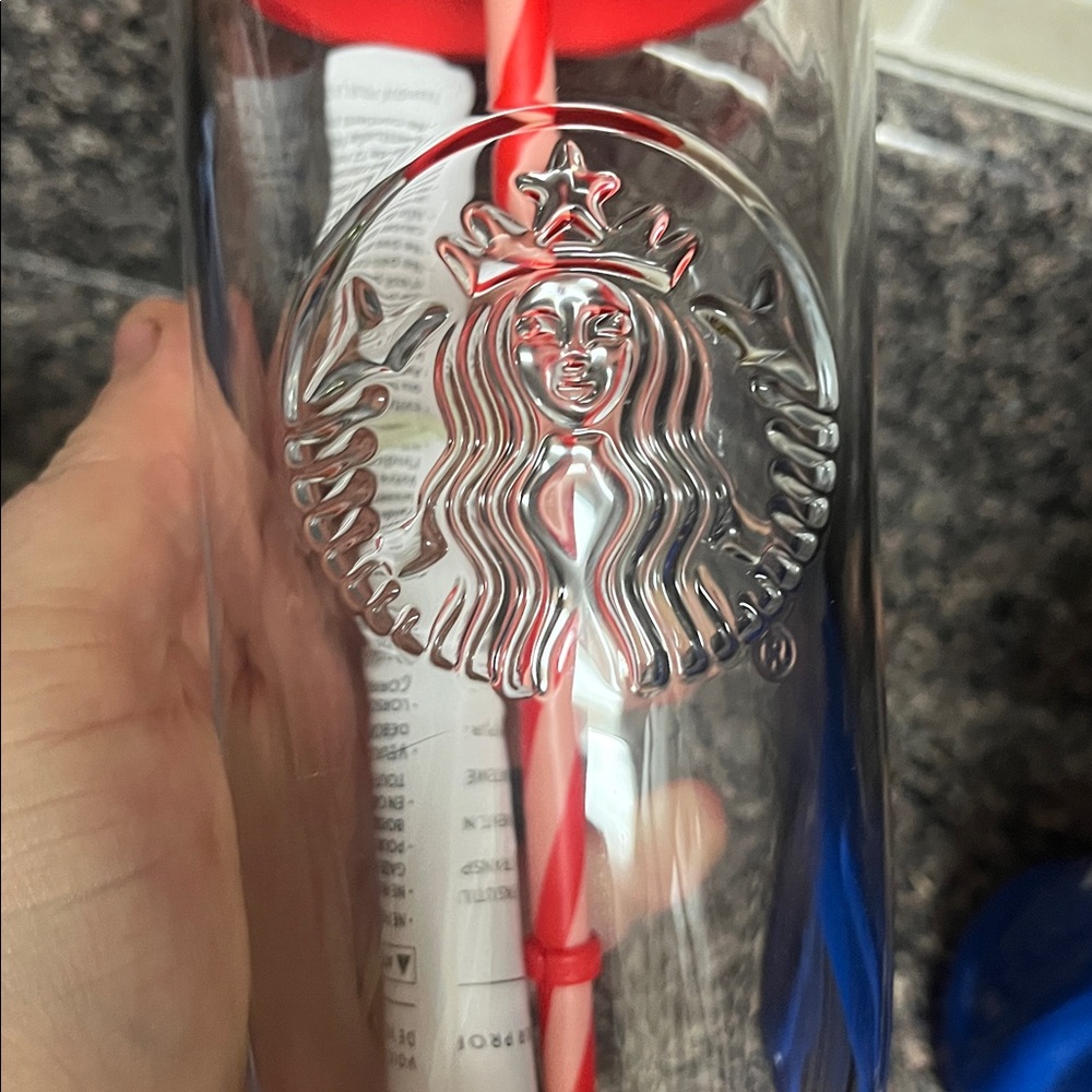 Starbucks Glass Tumbler with Red Floral Lid and Straw, New - Picture 3 of 3